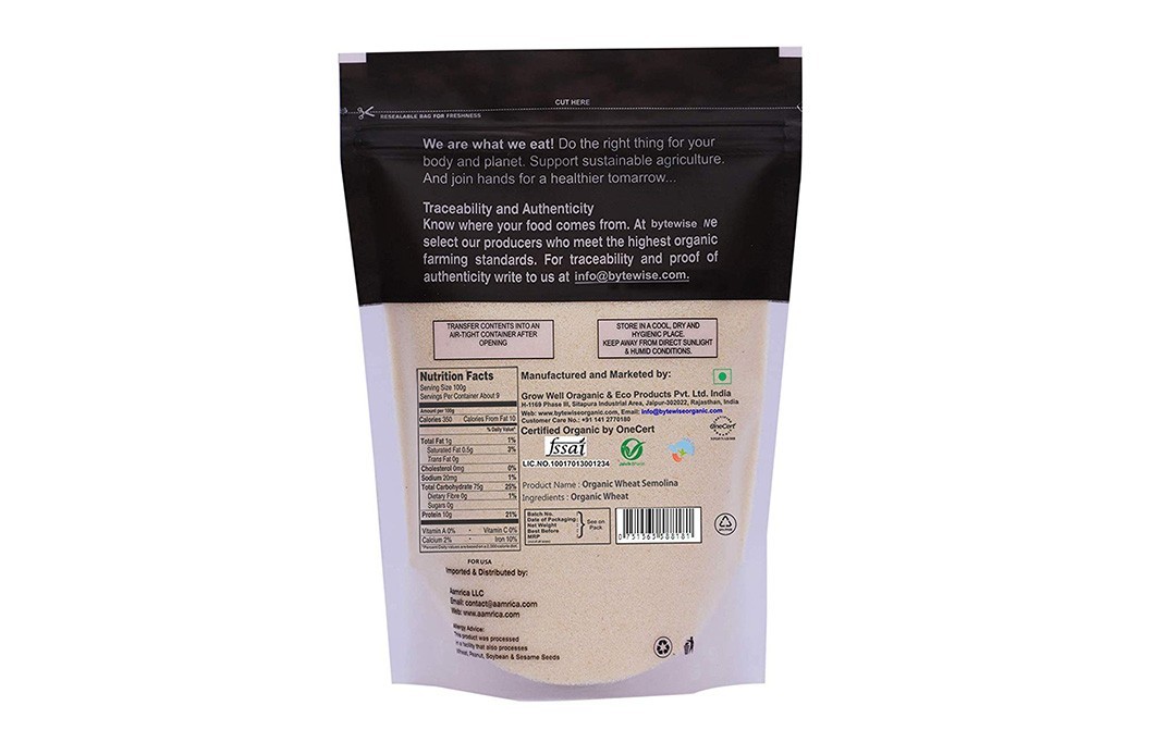 Bytewise Organic Suji (Wheat Semolina)    Pack  1 kilogram